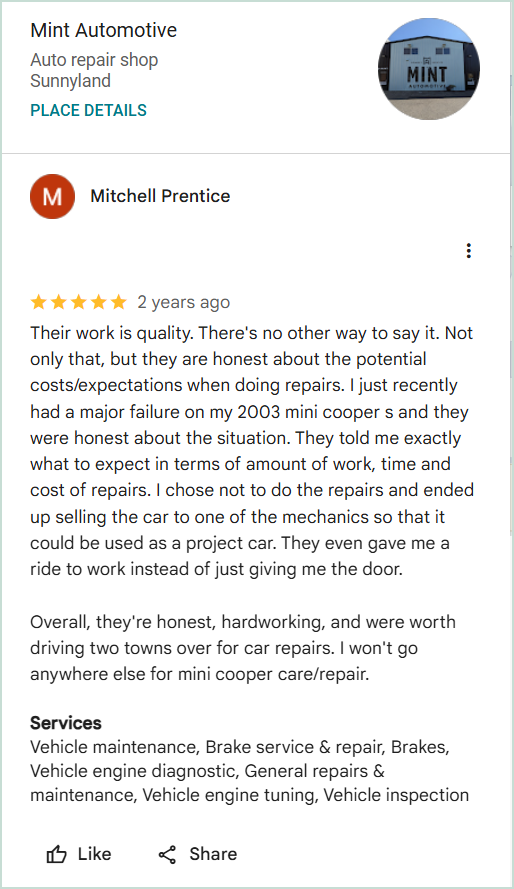 Review of Mint Automotive By Mitchell Prentice